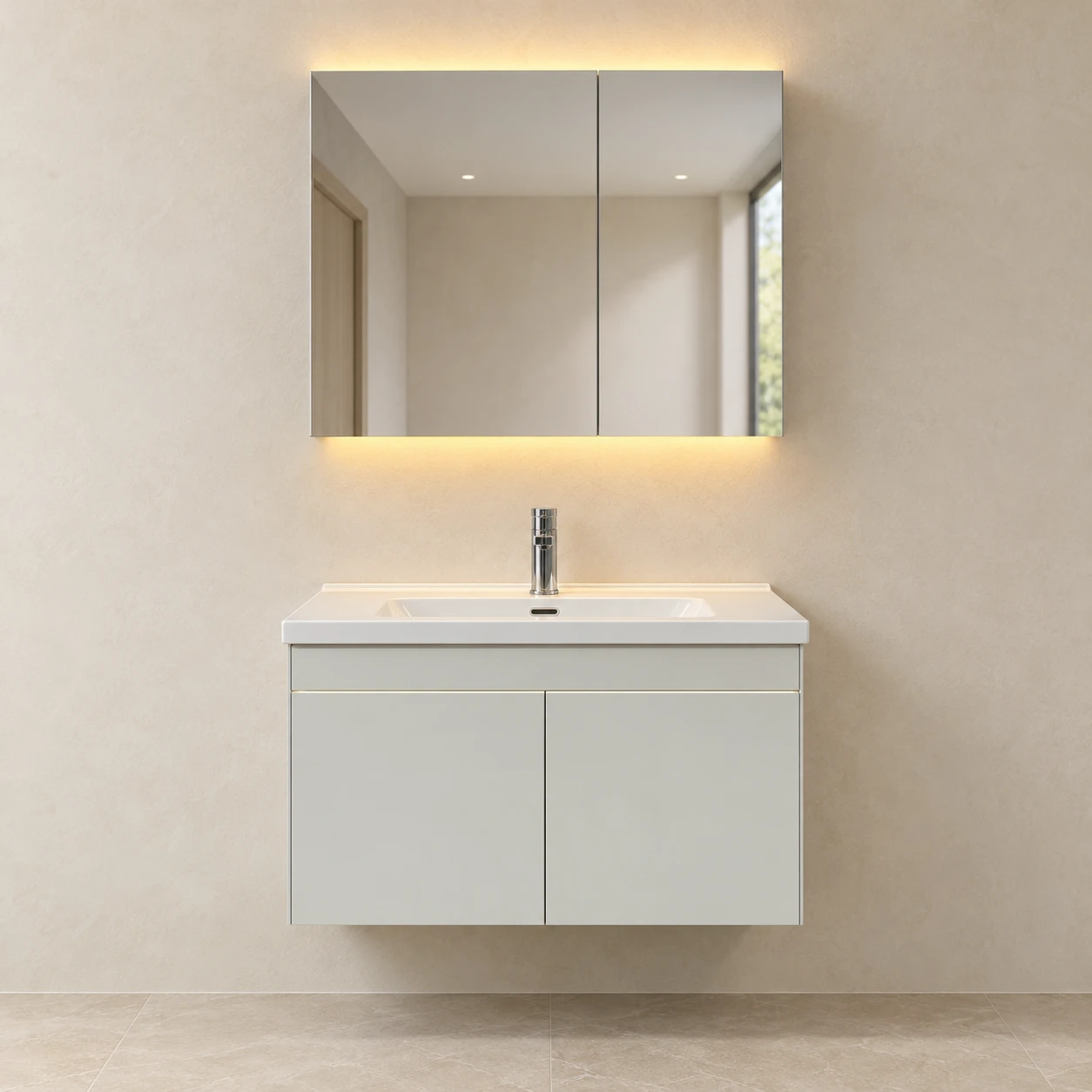 Meuble de salle de bain à deux portes en couleur claire