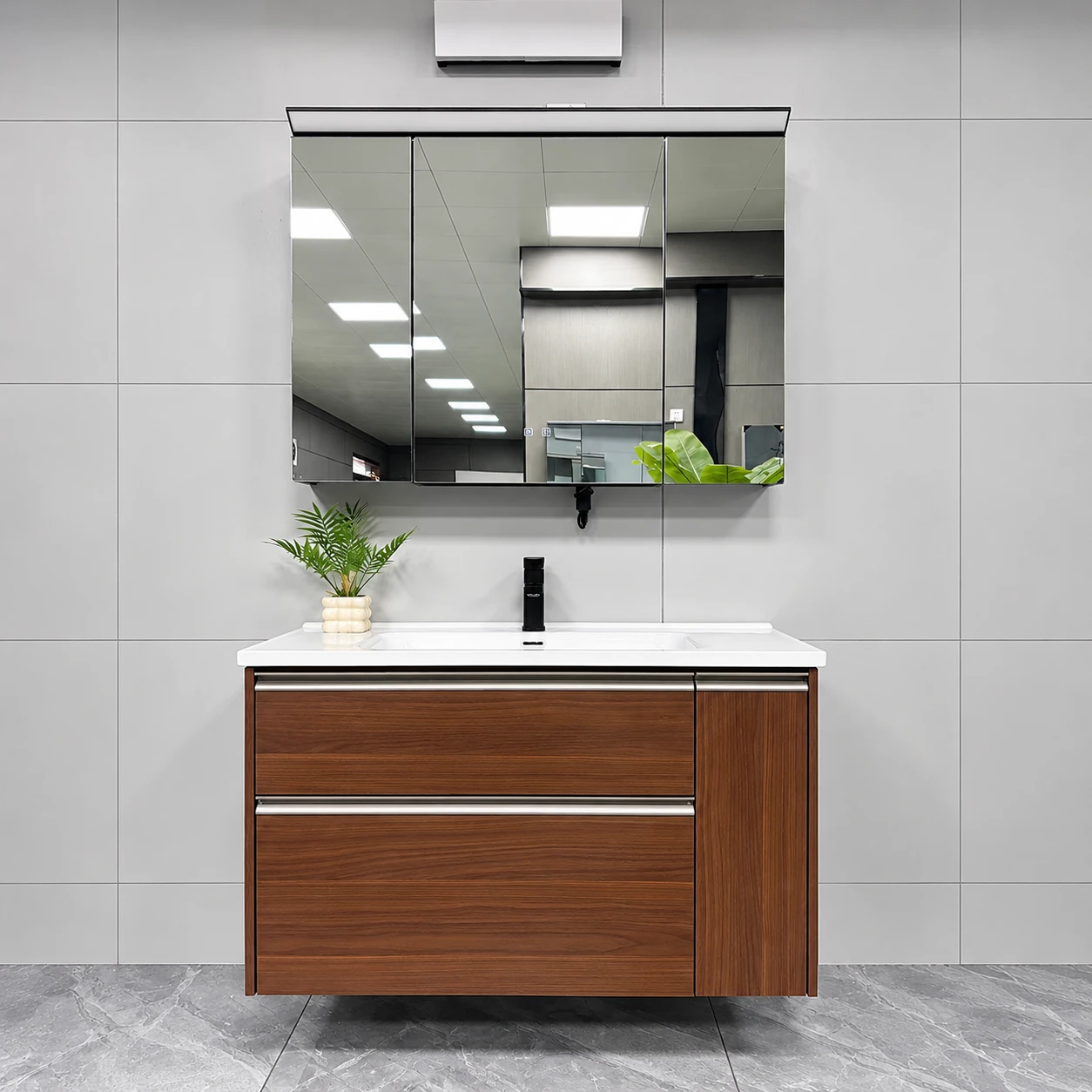Nuo Ju Brown Wood Grain Double-Drawer Bathroom Vanity Space Display