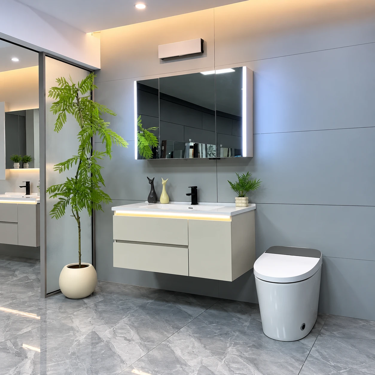 Light-colored double-drawer bathroom vanity with side-lit mirror cabinet - Bathroom vanity area