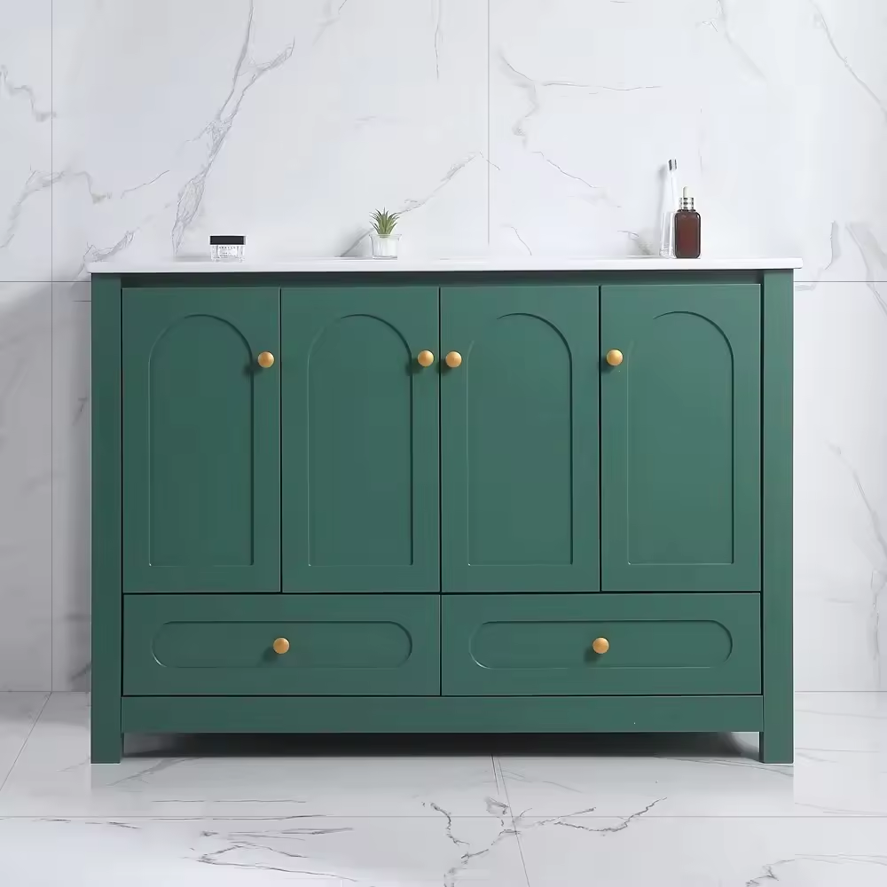 Mueble de baño verde con varias puertas y dos cajones para almacenamiento por zonas