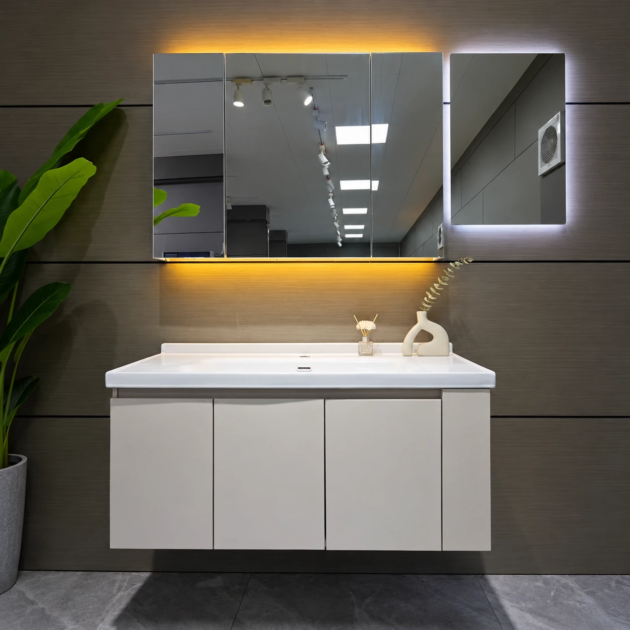 White multi-door bathroom vanity with warm-light mirror cabinet - Bathroom Vanity Area