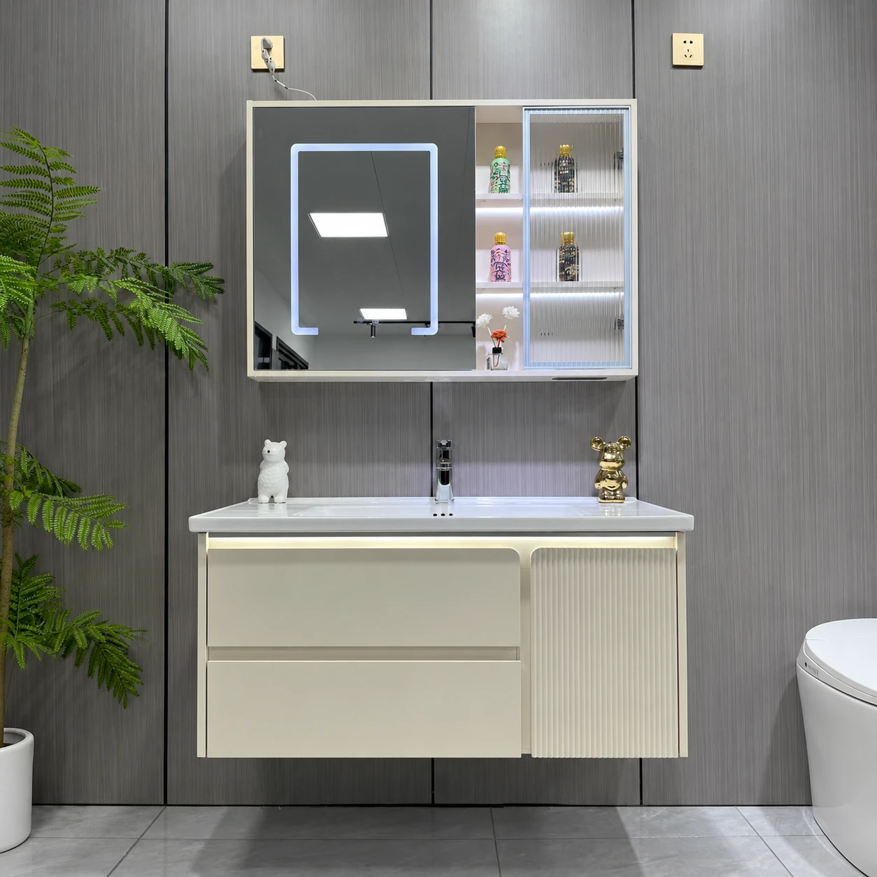 Light-colored vertical-grain door panel bathroom vanity - Bathroom Vanity Area