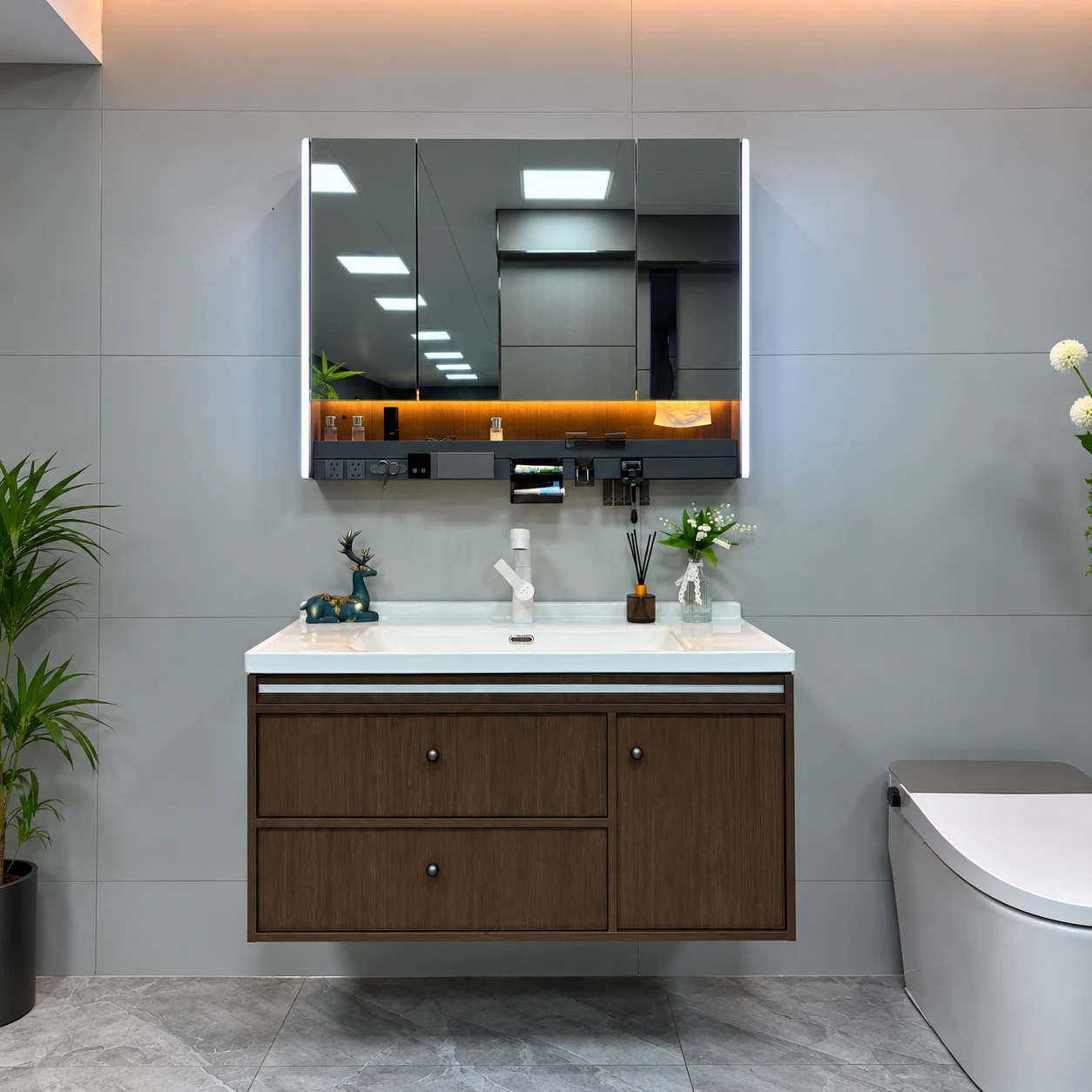 Dark wood grain bathroom vanity with small round handles - Bathroom vanity area