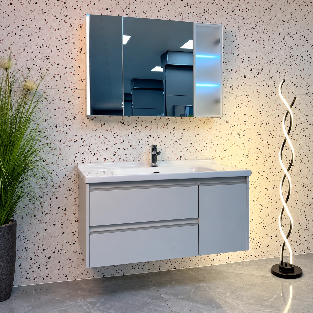Meuble vasque à deux tiroirs gris clair - Zone de toilette de la salle de bain