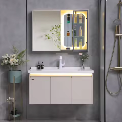 Mueble de baño suspendido gris con juego de espejo y armario