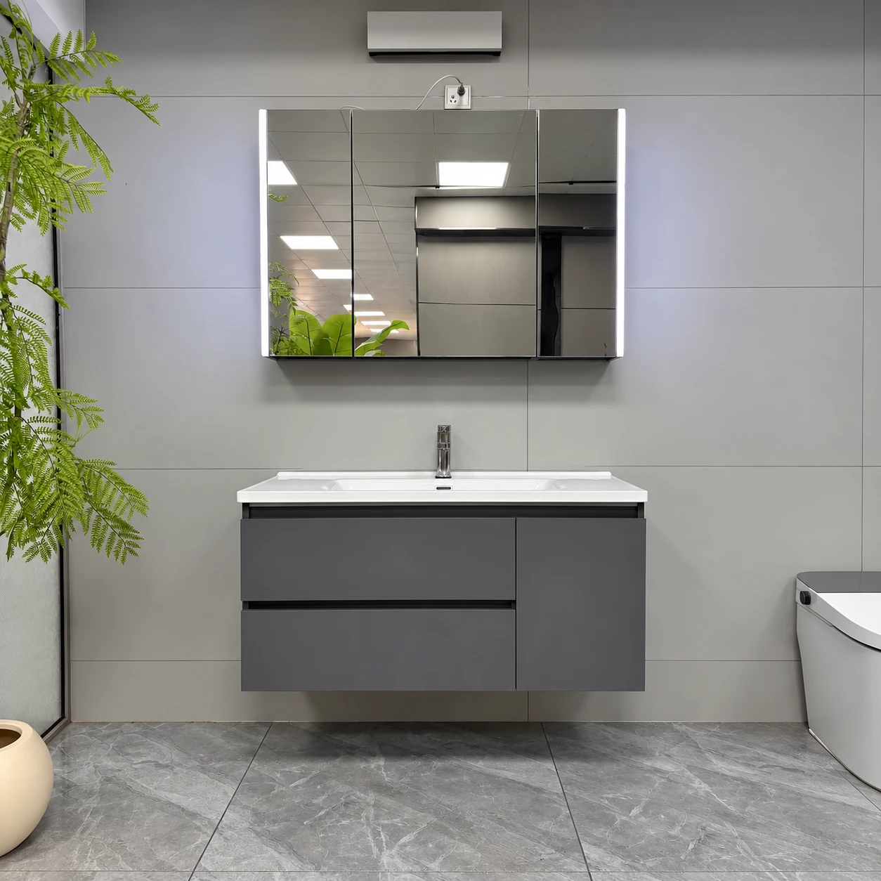 Meuble de salle de bain gris foncé à deux tiroirs - Espace vasque de la salle de bain