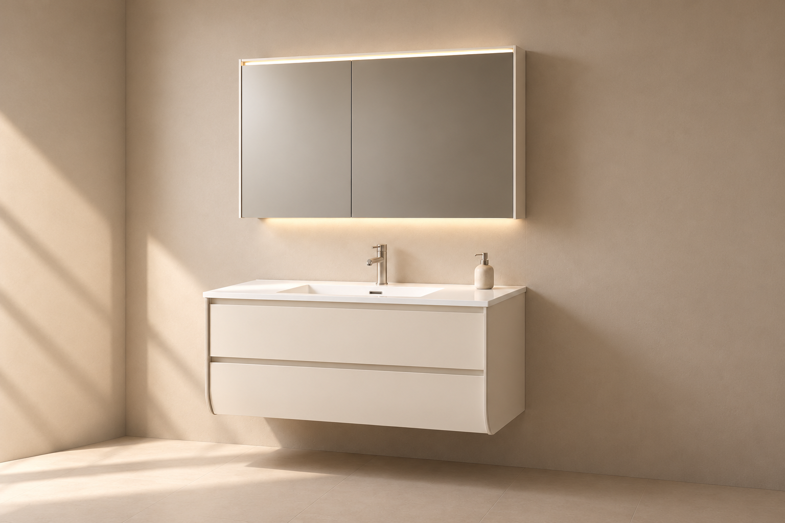 Mueble de baño suspendido color beige en entorno de baño