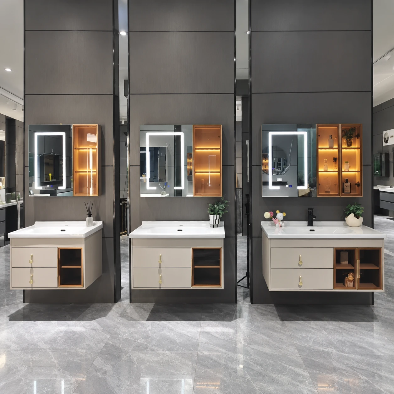 Présentation de plusieurs combinaisons d'armoires de salle de bain claires - Espace lavabo de la salle de bain