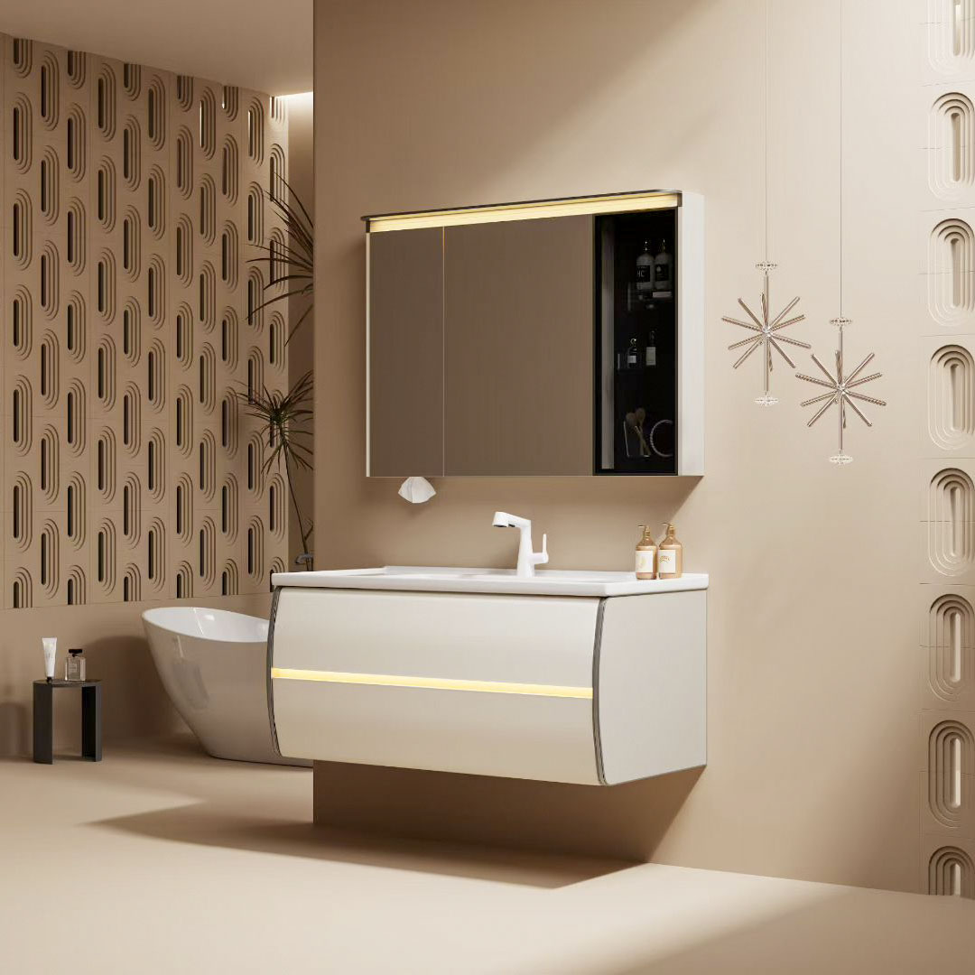 Light-colored bathroom vanity with warm-light mirror cabinet - Bathroom Vanity Area
