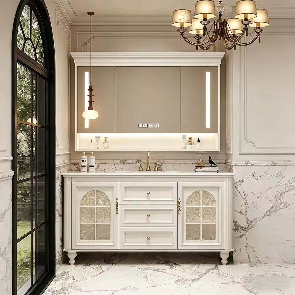 Conjunto de mueble de baño beige con espejo y armario